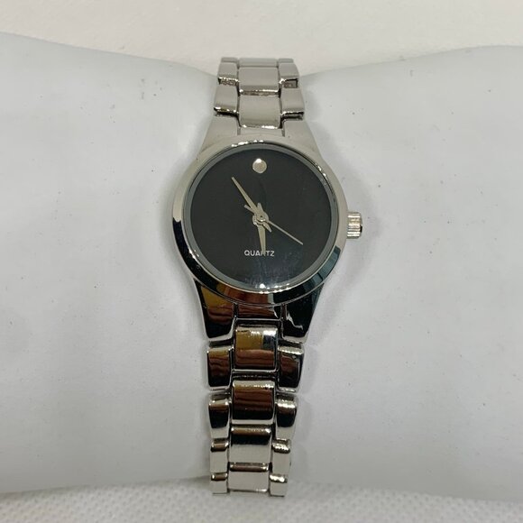 Women silver tone quartz analog watch 25mm round black dial size 7.5” running - Picture 1 of 7